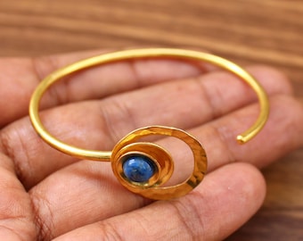 Blue Lapis Lazuli Gemstone Cuff Bangle Gold Plated Brass Cuff Bracelet Handmade Jewelry Girls Womens Bracelet Festival Tribal Boho Jewelry