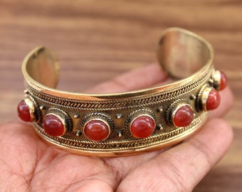 Carnelian Gamstone Bangle Cuff Bracelet Tribal Style Bracelet Handmade Jewelry Boho Brass Bangle  Mens Brecelet Womens Cuff Bangle Jewellery