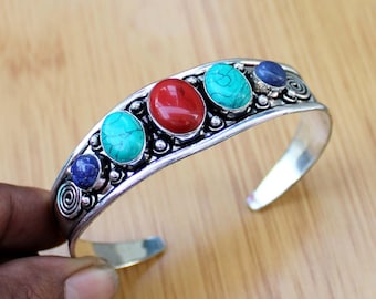 Coral Turquoise Lapis Lazuli Cuff Bracelet Gemstone Handmade Bangle 925 Silver Plated Jewelry Multistone Jewelry Adjustable Bangle Cuff