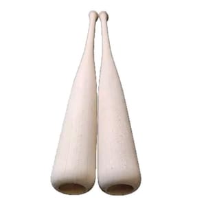 May include: Two wooden batons, also known as rhythm sticks, are shown in a vertical position. The batons are made of light-colored wood and have a smooth, rounded surface.