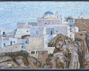 Cyclades Mosaic - Greek Island Village Landscape - Original Composition - Natural Stone and Enamel Tessarae