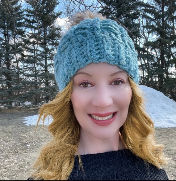 Handmade Blue Crochet Beanie: Faux Fur Pompom Winter Hat - Etsy display picture 3