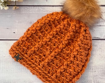 Handmade Chunky Knit Beanie: Faux Fur Pompom, Textured Acrylic, Made in Canada