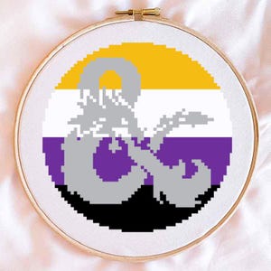 Puede incluir: Un aro de bordado blanco con un diseño de punto de cruz de un símbolo de Dungeons and Dragons en los colores de la bandera del orgullo asexual: negro, gris, blanco, morado y amarillo.