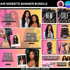DIY Hair website banner set, shopify premade template, wig categories, bundles website, spring theme, summer, pink