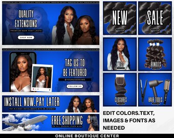 DIY blue black white Hair website banner set, shopify premade template, wig categories, bundles website, collection cover photos