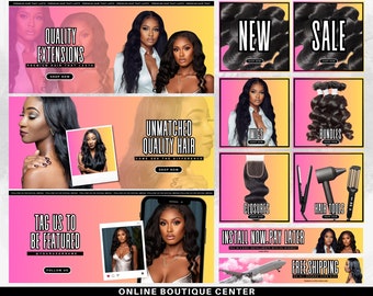 DIY Hair website banner set, shopify premade template, wig categories, bundles website, spring theme, summer, pink