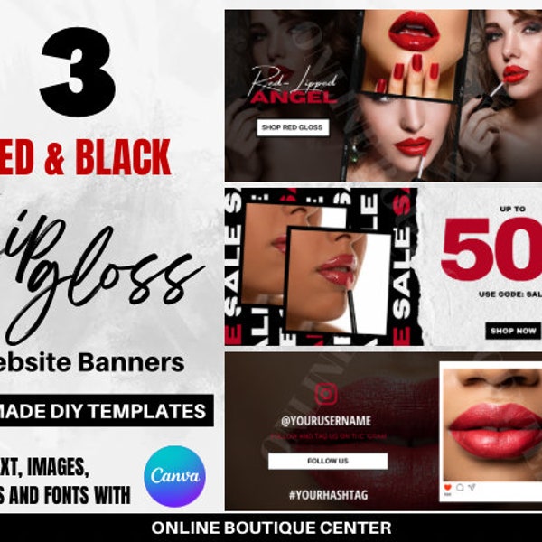 3 DIY red black lipgloss lipstick Website Banners, Canva Template, Shopify Website banners, clothing banners, new arrivals sale tag us