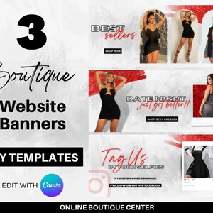 3 DIY Fashion Boutique Website Banners, Canva Template, Shopify Website, Shopify banners, fashion banners, diy template, red black white web