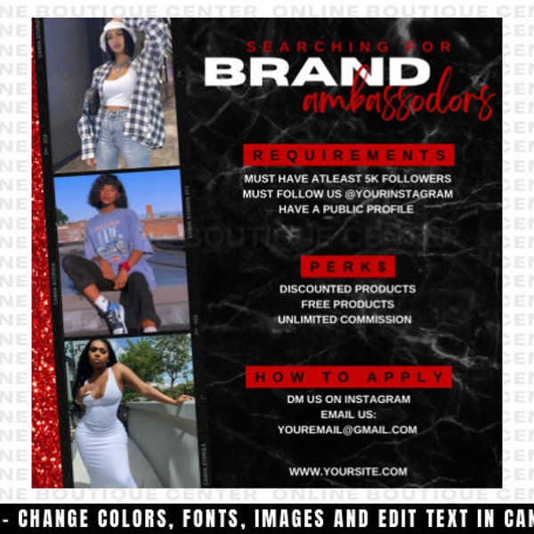 Brand Ambassador Flyer Template for Boutiques, Hair Business, Lash Business DIY, Canva social media flyer black red white