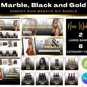 Marble Black gold HAIR website banner set, shopify premade template, boutique categories, hero banner, fashion banner, clothing website