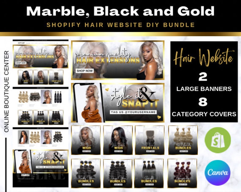 May include: A digital marketing kit for a hair extension business. The kit includes two large banners and eight category covers. The banners and covers feature a marble background with black and gold accents. The text "Style it & Snap It" is featured on the banners. The text "Hair Website" is featured on the banners. The text "Large Banners" and "Category Covers" is featured on the banners. The text "Tag Us @yourusername" is featured on the banners.