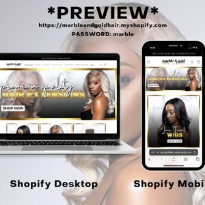 May include: A screenshot of a website for a hair extension company called Marble & Gold Hair Company. The website is shown on a laptop and a mobile phone. The website features a banner with the text "premium quality hair extensions" and a call to action to "shop now". The website also features a section for lace front wigs.