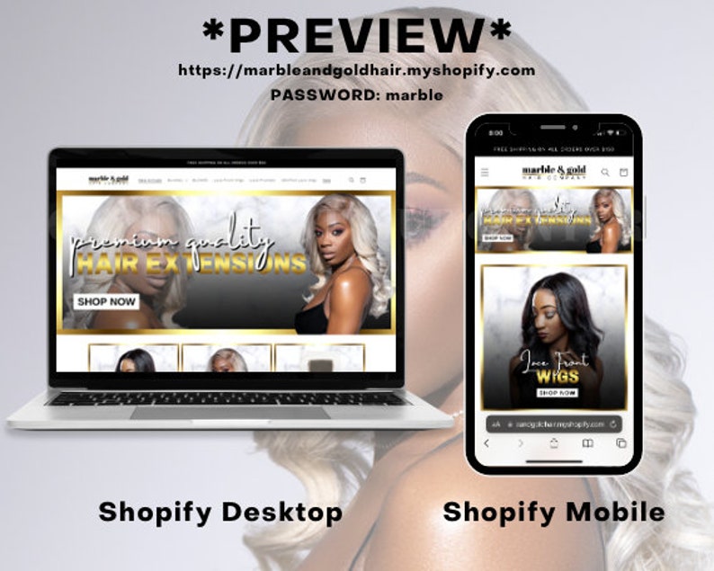 May include: A screenshot of a website for a hair extension company called Marble & Gold Hair Company. The website is shown on a laptop and a mobile phone. The website features a banner with the text "premium quality hair extensions" and a call to action to "shop now". The website also features a section for lace front wigs.