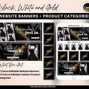 Black white gold website banner set, shopify template, boutique product categories, hero banner, fashion banner, fashion website