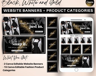 Black white gold website banner set, shopify template, boutique product categories, hero banner, fashion banner, fashion website