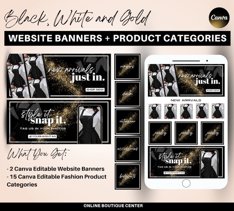 Black white gold website banner set, shopify template, boutique product categories, hero banner, fashion banner, fashion website image 1