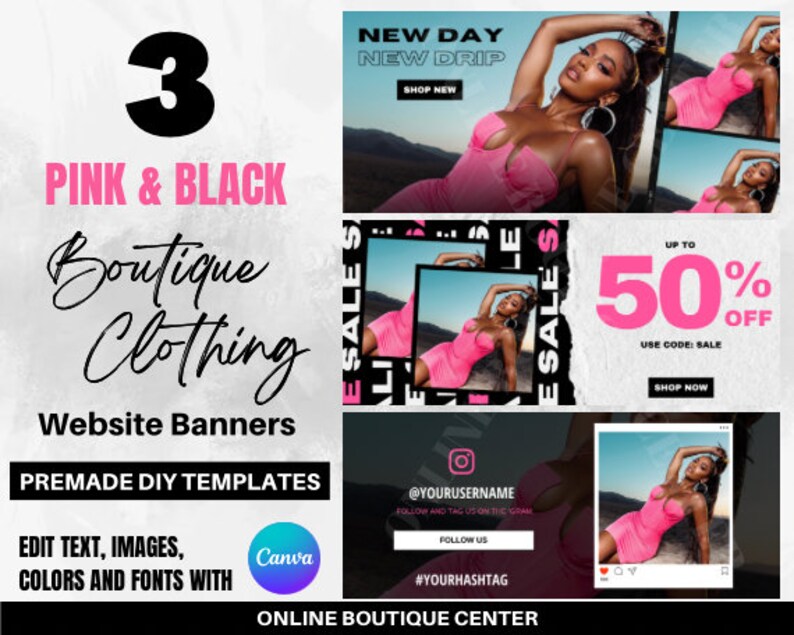3 DIY Pink Black Fashion Boutique site Banners Canva Etsy