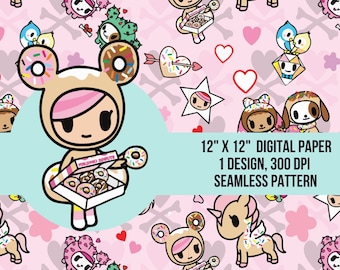 Donutella TOKIDOKI Seamless Pattern, Cartoon Valentines Fabric (Digital File)