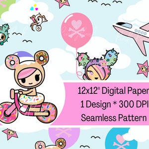May include: A seamless pattern digital paper featuring a cute cartoon character riding a donut-themed bicycle. The background is a light blue with clouds, stars, and hearts. The text "12x12" Digital Paper 1 Design * 300 DPI Seamless Pattern" is displayed in pink.