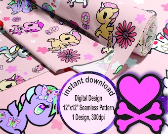 Kawaii Tokidoki Seamless Pattern – Pink Hearts Fabric Design (Digital Download)
