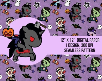 Tokidoki Halloween Unicorno Seamless Pattern, Kawaii Cartoon Fabric (Digital File)