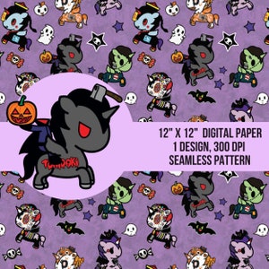 May include: A seamless digital paper pattern featuring a purple background with a variety of Halloween-themed characters, including unicorns, ghosts, bats, and candy. The pattern is 30.5 centimetres by 30.5 centimetres and 300 DPI.