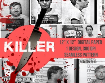 Serial Killer Mugshot Seamless Pattern – True Crime Fabric (Digital File)