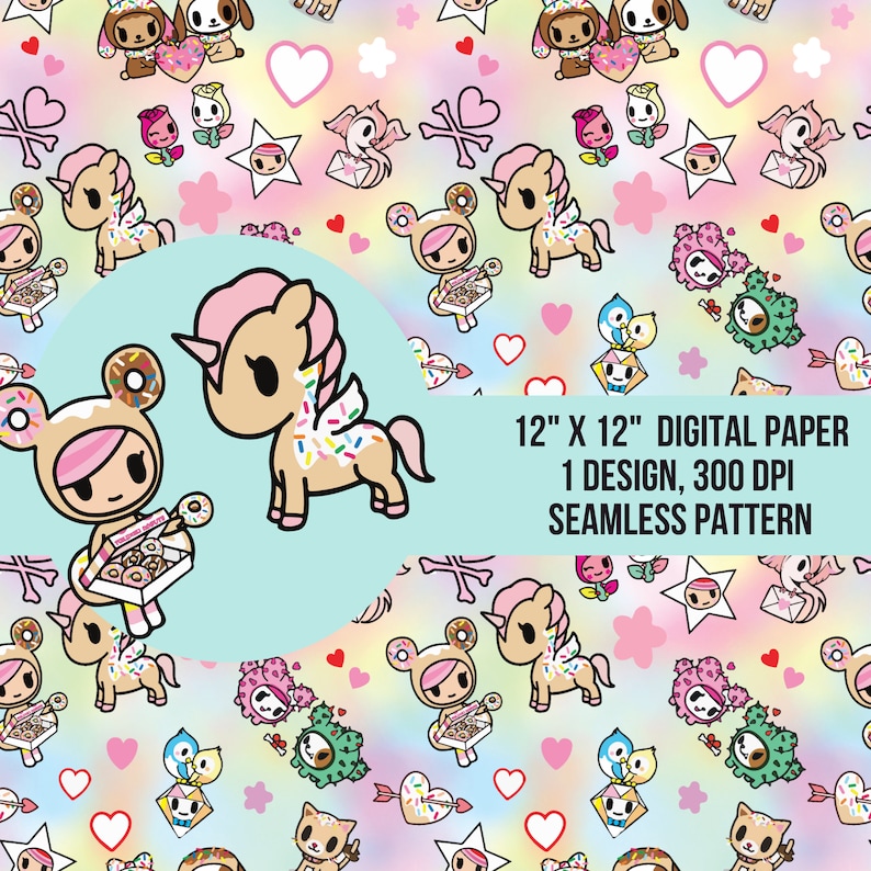 May include: A seamless pattern digital paper featuring a whimsical design with pastel colors, hearts, stars, and cute cartoon characters. The pattern includes a unicorn, a donut-wearing character, and other adorable creatures. The text "12" x "12" Digital Paper 1 Design, 300 DPI Seamless Pattern" is included in the design.