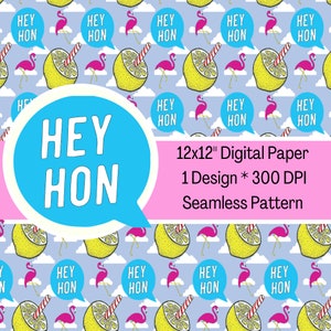 Puede incluir: Un patrón de papel digital sin costuras con un diseño repetitivo de flamencos rosas, limones con pajitas y nubes sobre un fondo azul claro. El texto "HEY HON" está escrito en un bocadillo de diálogo.