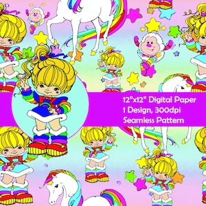 May include: Seamless digital paper featuring a repeating pattern of a cartoon girl with blonde hair, a white unicorn, stars, and a smiling cloud character. The girl wears a rainbow outfit. The text on the image says "12"x12" Digital Paper 1 Design, 300dpi Seamless Pattern."