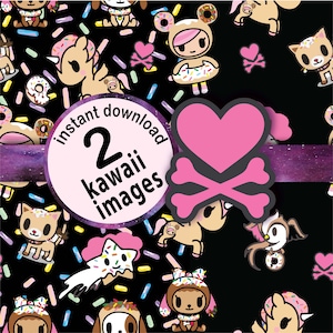 Op de afbeelding: Een zwart-witte digitale print met een herhalend patroon van kawaii-karakters met roze harten en gekruiste beenderen. De tekst "direct downloaden 2 kawaii-afbeeldingen" staat in een witte cirkel met een roze rand.
