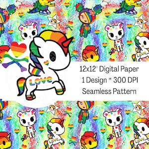 May include: A seamless digital paper pattern featuring a rainbow unicorn with the word "LOVE" on its side, surrounded by hearts, stars, and other rainbow-themed elements. The pattern is 30.48 cm by 30.48 cm and 300 DPI.