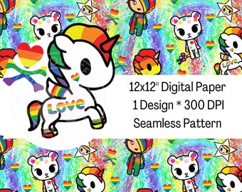 Rainbow Unicorno Seamless Pattern, Pride Fabric Print (Digital File)