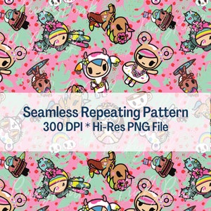 May include: A seamless repeating pattern featuring colourful cartoon characters with flowers, cacti, and rainbows on a pink background with white polka dots. The text "Seamless Repeating Pattern 300 DPI * Hi-Res PNG File" is at the bottom of the image.