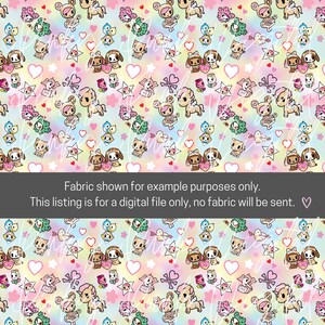 May include: A seamless pattern featuring a variety of cute cartoon characters, including unicorns, puppies, and birds. The background is a pastel rainbow ombre with hearts and stars. The text "Fabric shown for example purposes only. This listing is for a digital file only, no fabric will be sent." is at the bottom of the image.