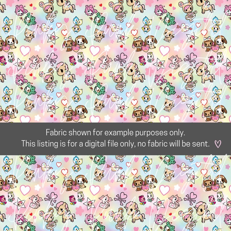 May include: A seamless pattern featuring a variety of cute cartoon characters, including unicorns, puppies, and birds. The background is a pastel rainbow ombre with hearts and stars. The text "Fabric shown for example purposes only. This listing is for a digital file only, no fabric will be sent." is at the bottom of the image.