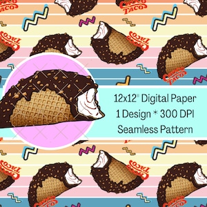May include: Seamless pattern digital paper featuring a repeating design of a chocolate-covered ice cream cone taco with sprinkles on a colorful striped background. The text "Choco Tacos" is repeated throughout the pattern.