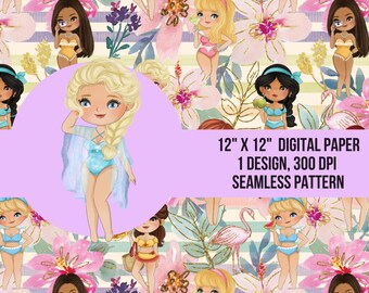 Princess Summer Seamless Pattern – Girl Cartoon Fabric Design (Digital File)