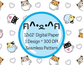 Kawaii Teacup Cats Seamless Pattern – Digital Fabric Print (PNG)