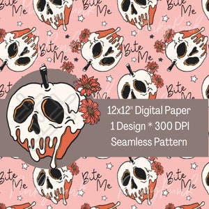May include: A seamless digital paper pattern featuring a white skull with dripping red and orange paint, inside a red apple with a green stem. The background is pink with white stars and pink flowers.