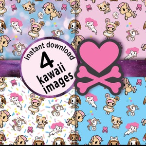 Op de afbeelding: Vier digitale papierpatronen met een kawaii-thema. De patronen omvatten een roze achtergrond met witte sprinkles, een blauwe achtergrond met witte sprinkles, een witte achtergrond met kleurrijke sprinkles en een paarse galaxy-achtergrond met witte sprinkles. Elk patroon bevat een verscheidenheid aan schattige personages, waaronder een eenhoorn, een kat, een hond en een meisje met een donut. De tekst "direct downloaden 4 kawaii-afbeeldingen" wordt weergegeven op een roze cirkel.
