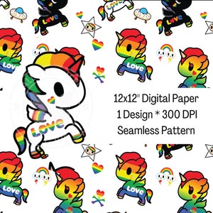 May include: Seamless pattern digital paper featuring a rainbow unicorn with the word "LOVE" on its side. The background is white with rainbow hearts, stars, and other small details.