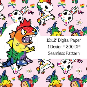 May include: A seamless pattern digital paper featuring a rainbow colour scheme with a variety of cartoon characters including a unicorn, a monster, and a cactus. The text "12x12" Digital Paper, 1 Design * 300 DPI, Seamless Pattern" is included in the design.