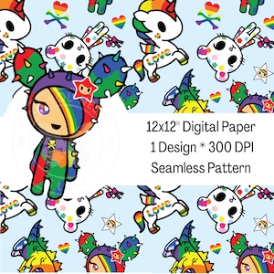 May include: A seamless pattern digital paper featuring a rainbow-coloured character with a cactus on its head, a unicorn, a skull with a bow, and a dragon. The background is light blue with hearts and stars.