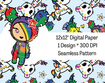 Rainbow Tokidoki Seamless Pattern, Craft Fabric (Digital File)