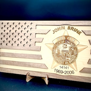 Wood Flags with First Responder Emblems | Wood Engraved Police and Fire Department Wall Art | Retirement Gifts