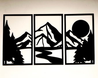 Wood Mountain Wall Art Décor | Wooden Mountain Art | 3 Panel Wood Wall Art | Panel Wall Art Mountains | Mountains Wooden Wall Art Set