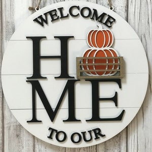 Wooden Welcome To our Home Sign with Interchangeable pieces | Round Welcome Sign with Lemon, Pumpkin & Apples | Other Items Available