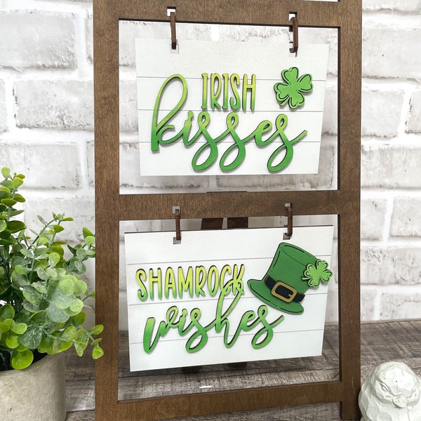 Wooden Ladder Frame Irish Kisses Shamrock Wishes Add on Set | Interchangeable Holiday and Seasonal Add-On Set for Wooden Ladder Frame |